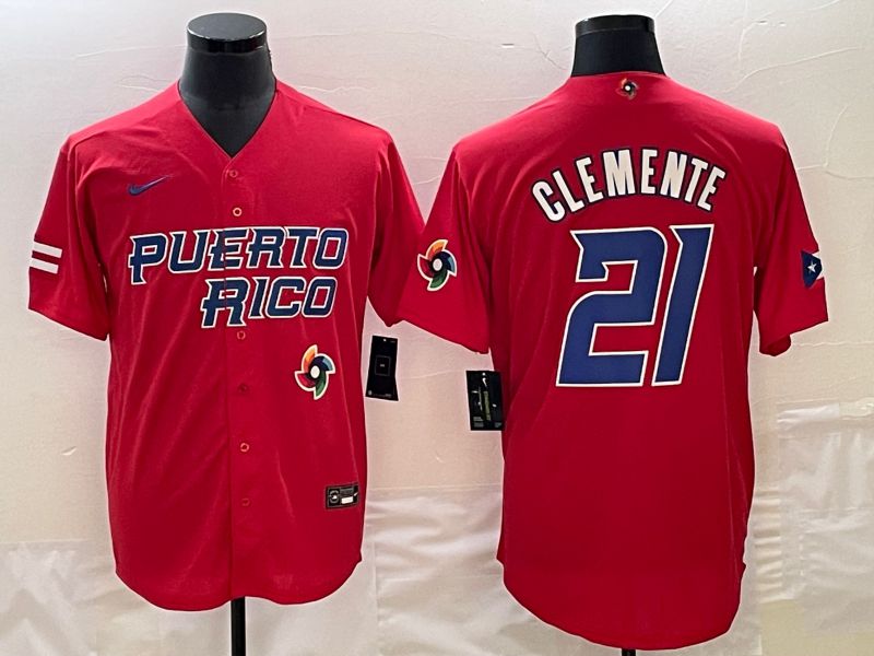 Men 2023 World Cub Puerto Rico #21 Clemente Red Nike MLB Jersey